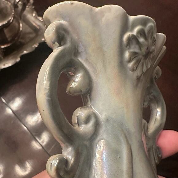 Vintage Lusterware Ceramic 6" Vase Iridescent Floral Roses Scroll Handles *READ - Picture 9 of 11